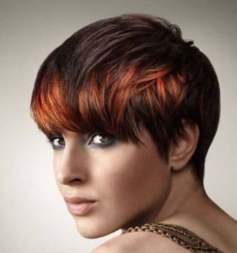 Pixie haircut with brown hair color