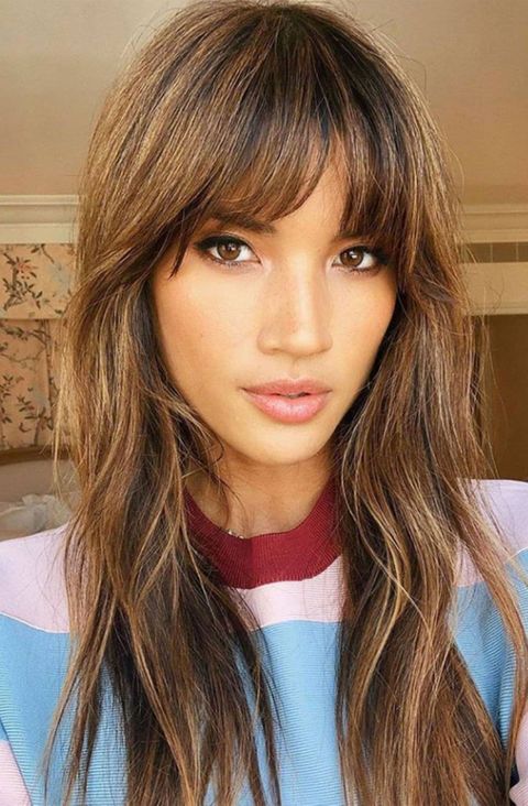 Brown balayage long hair with bangs for long face in 2021-2022