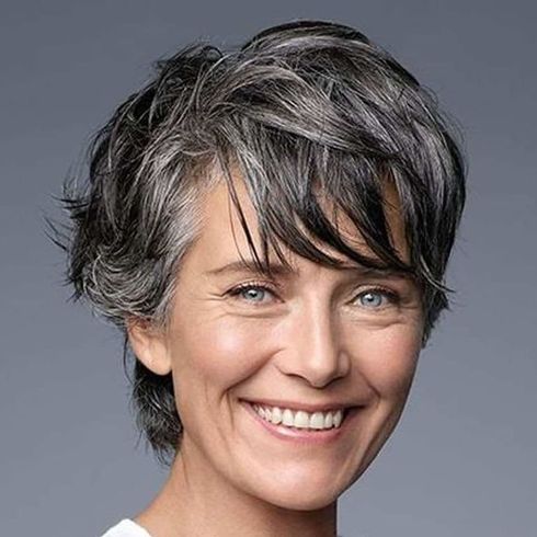 Grey balayage messy short hair over 60