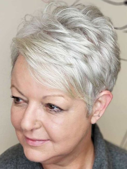 Side swept short hair over 60 in 2023