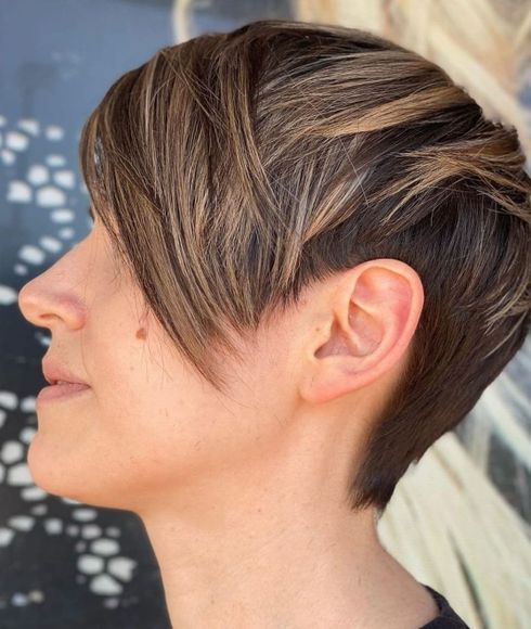 Chestnut Brown Pixie Hair with Caramel Highlights