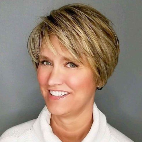 Brown balayage layered short hair over 60