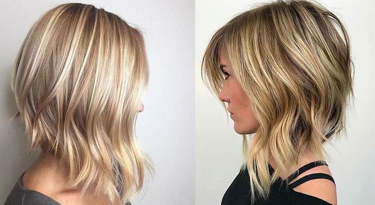 Layered asymmetrical bob hairstyle blonde hair color