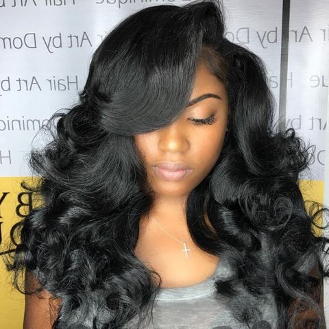 Side swept long wavy hairstyle with bangs for black women in 2021-2022