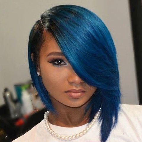 Side swept blue short bob haircut for black hair 2021-2022