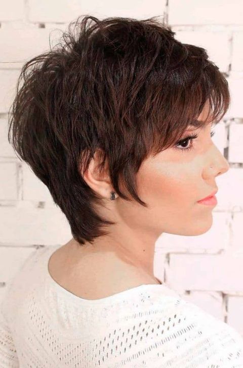 Brown layered long pixie cut