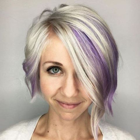 Purple balayage short bob haircut over 50