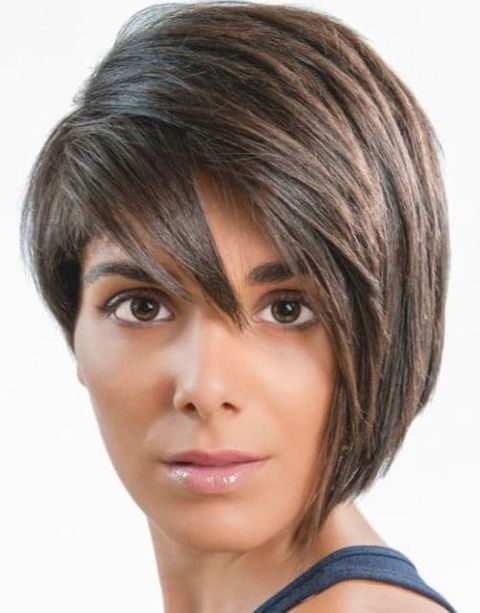 Short asymmetrical bob hairstyle with bangs