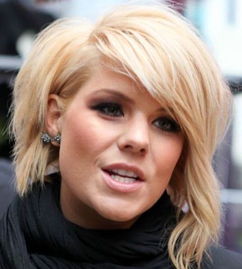 Wavy blonde color asymmetrical short bob haircut 2021-2022