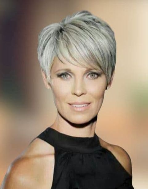 Grey hair color layered pixie over 50