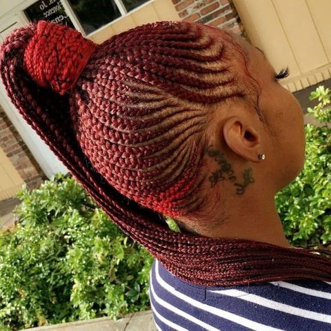 Red color high ponytail small lemonade braids for black women in 2021-2022