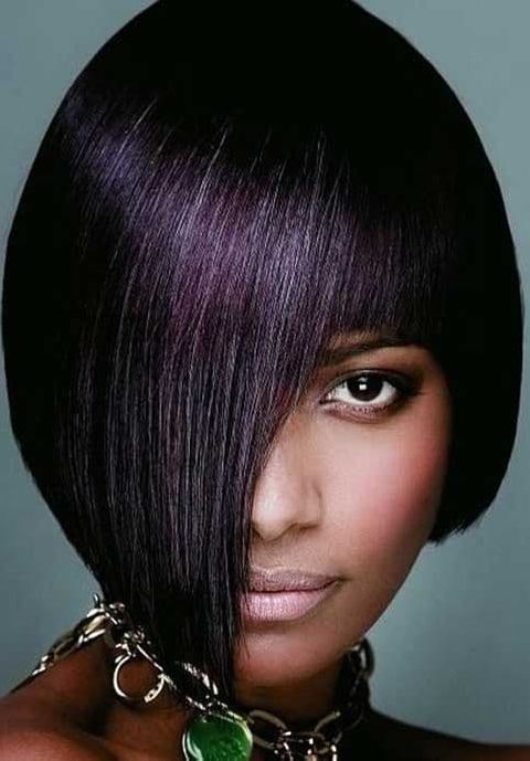 Angled asymmetrical short bob with bangs for black women in 2021-2022