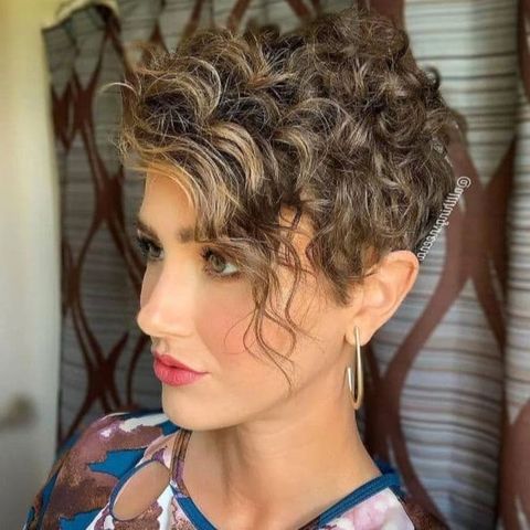 Brown balayage wavy short pixie cut with bangs in 2021-2022