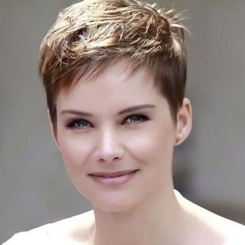 Ultra short pixie haircut for round face