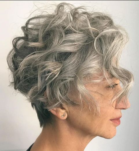 Grey curly short hair for women over 60