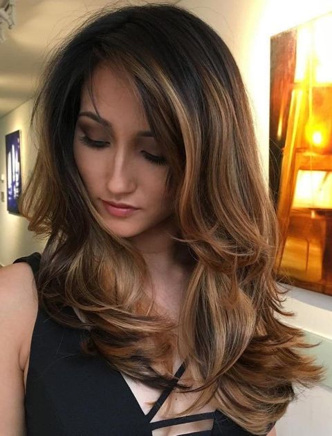 Highlight brown balayage layered long hair