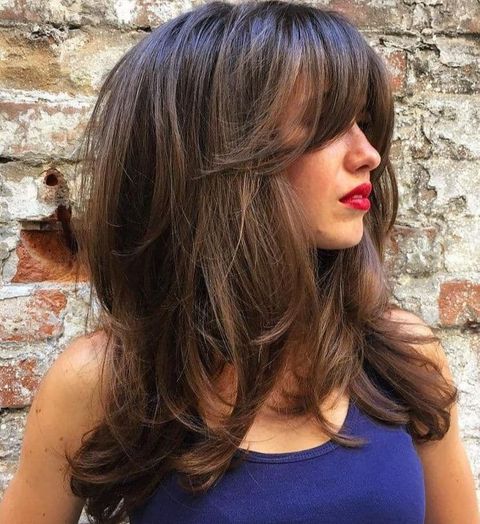 Textured layered long hair with bangs