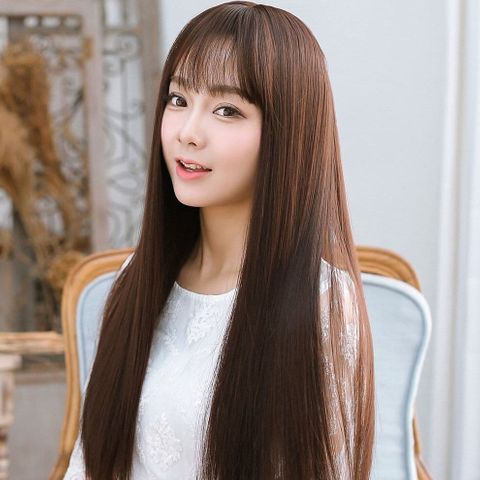 Brown balayage long hair with bangs