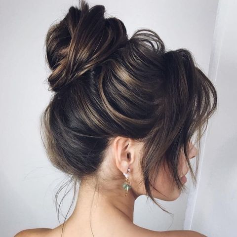 Top bun for long hair with long bangs