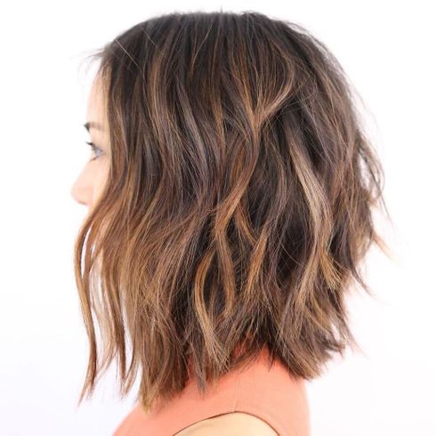 Brown balayage wavy lob hair cut for thin hair