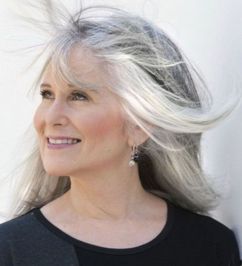 Grey tones messy long hair for older women