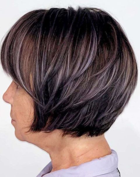 Balayage layered short bob with bangs