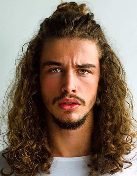 High bun curly long hair for men