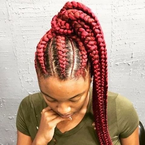 Red ponytail jumbo box braids