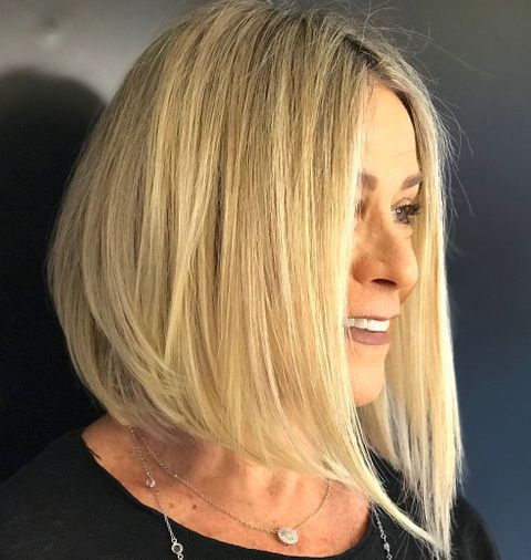 Angled long bob haircut for women over 60