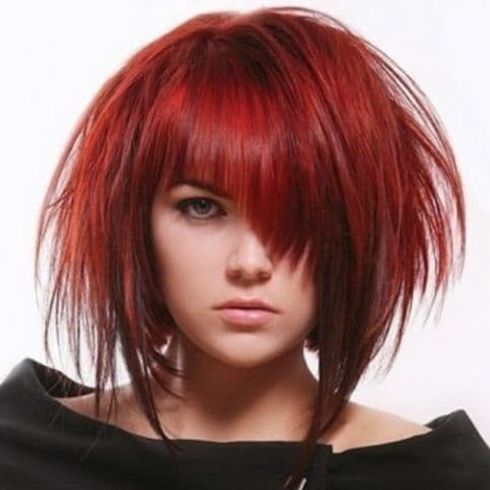 Red shag asymmetrical haircut