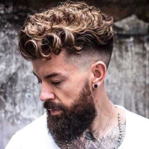 Brown balayage curly undercut for men