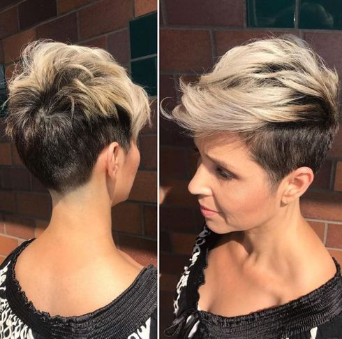 Blonde balayage on dark hair pixie cut