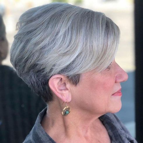 Side swept short grey hair