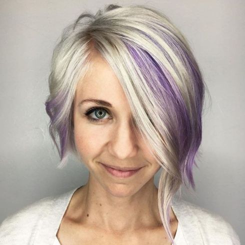 Purple and blonde balayage asymmetrical bob hairstyle over 60