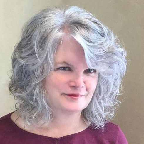 Grey long bob curly hairstyle