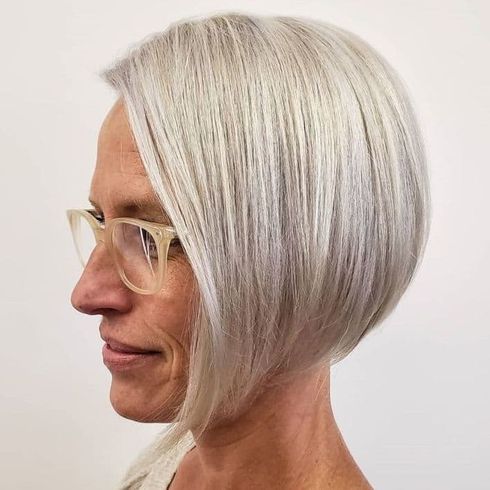 Straight hair asymmetrical haircut over 60