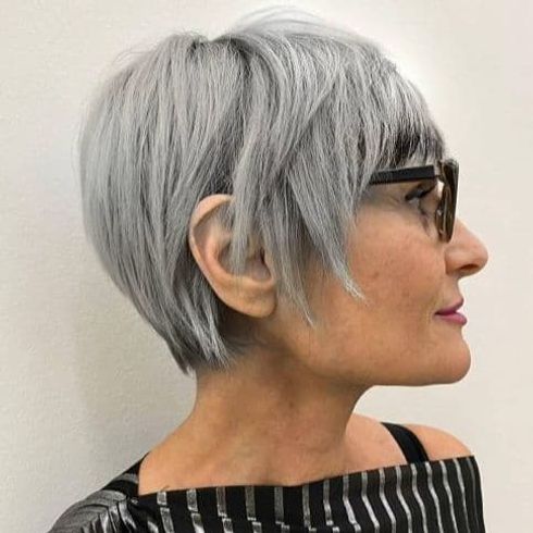 Grey thick hair pixie cut over 50 with glasses