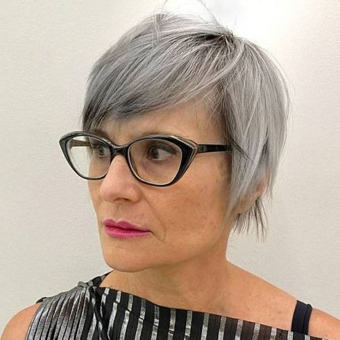 Straight short haircut for older women over 50 with glasses