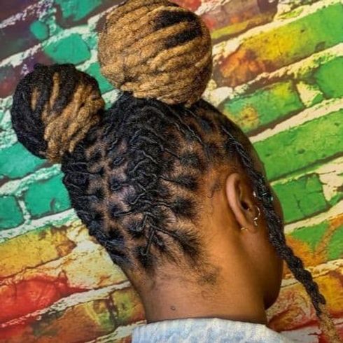 Yarn Dreads in Two High Buns