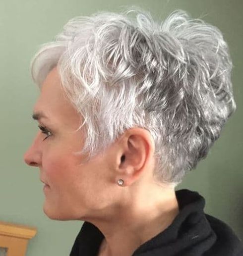Grey curly pixie cut over 60