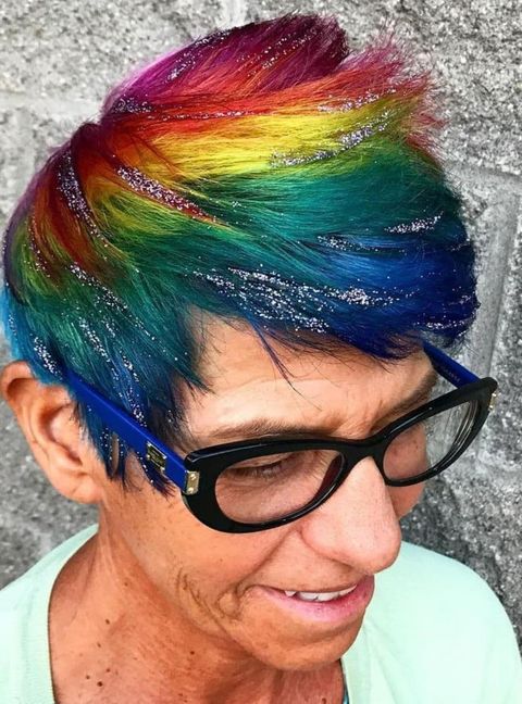 Multi colored short haircut for women over 50