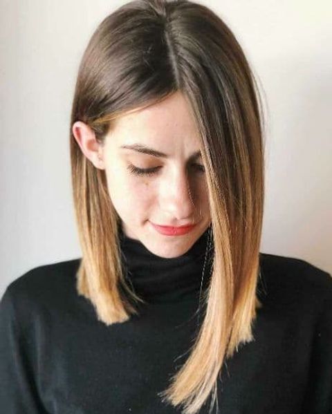 Center parted brown ombre asymmetrical long bob haircut