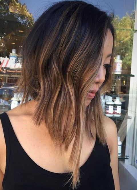 Brown balayage asymmetrical long bob haircut