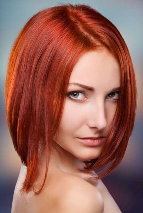 Angled short bob red hair color