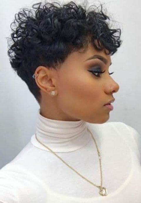 Pixie curly haircut for black women with round face