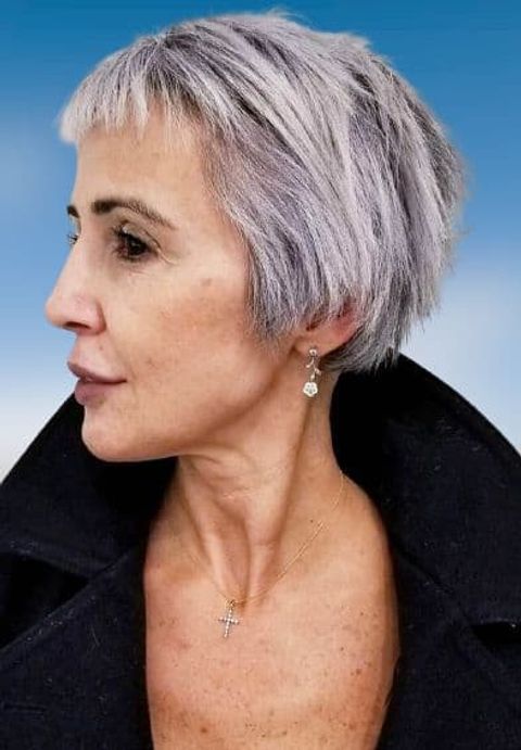 Grey short haircut with short bangs for women