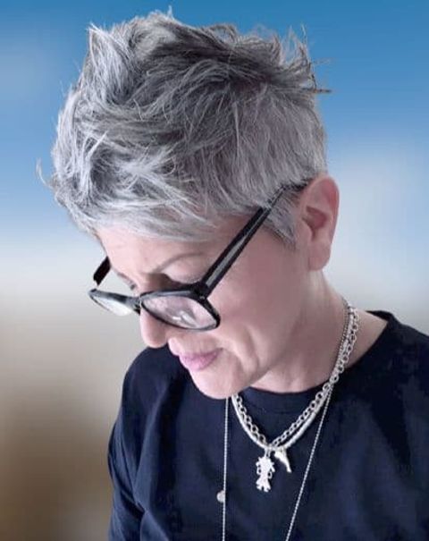 Messy grey pixie haircut for women over 60