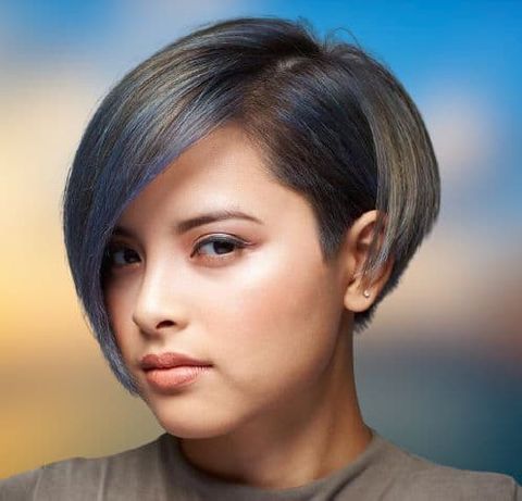 Blue balayage bob cut for round face