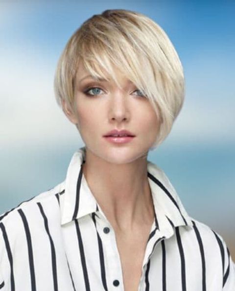 Blonde asymmetrical short bob haircut
