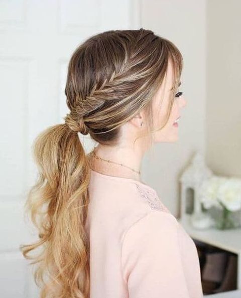 Side braids low ponytail brown balayage hair color